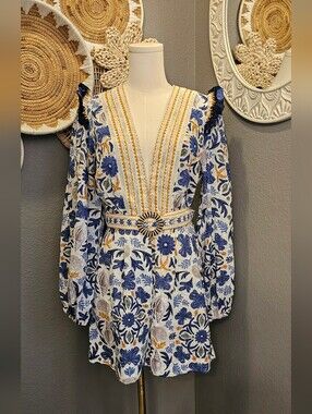 Caroline Constas Maise Mediterranean Tile Cotton Romper Small S Belted NWT